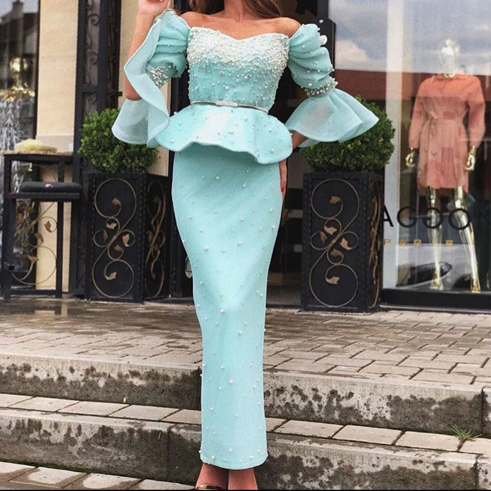 peals evening dresses long mermaid turquoise blue beaded modest muslim evening gown 2021