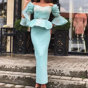 peals evening dresses long mermaid turquoise blue beaded modest muslim evening gown 2021