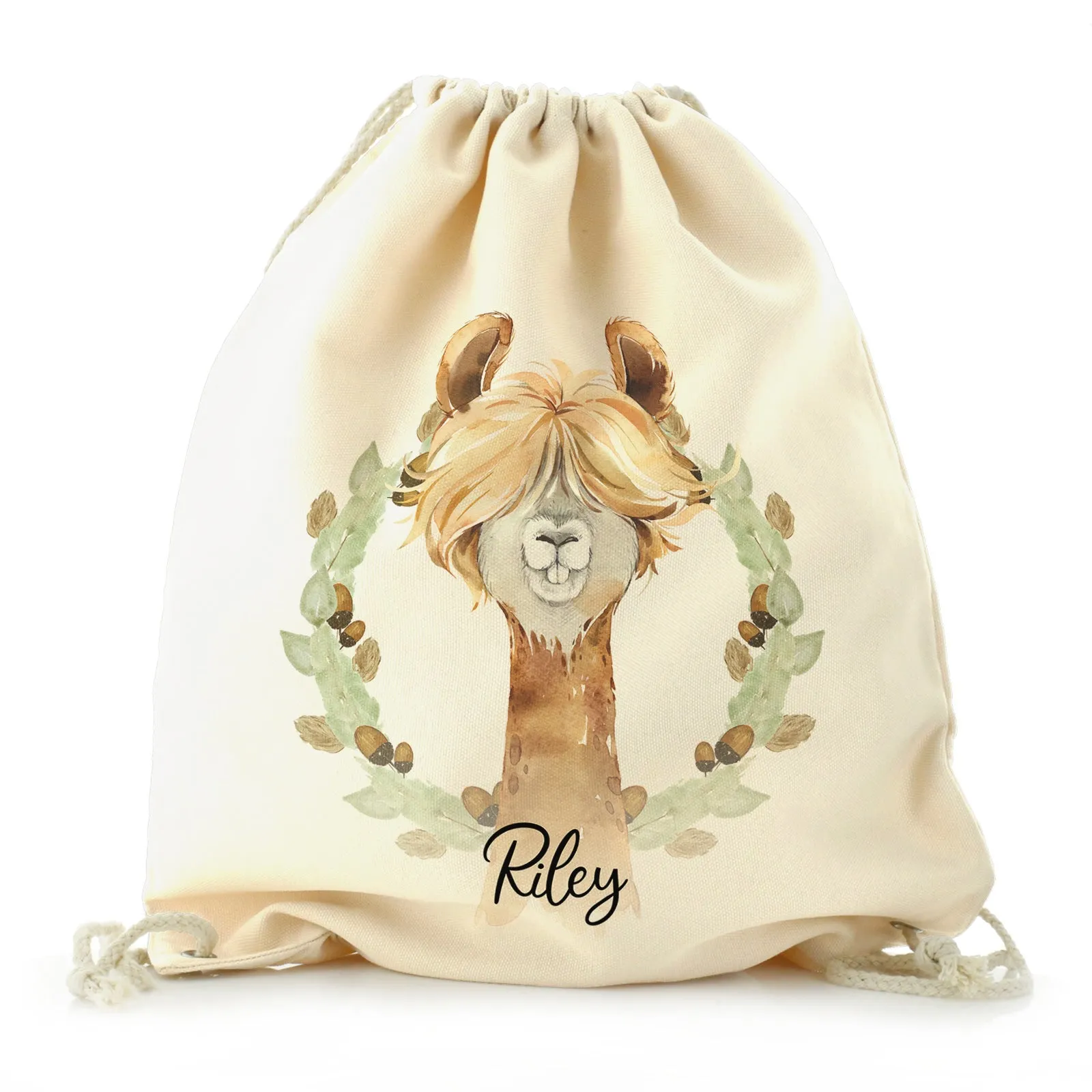 Personalised Canvas Drawstring Backpack with Brown Alpaca Acorn Wreath and Cute Text
