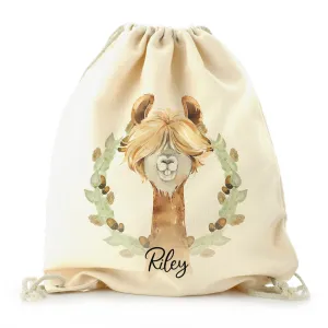 Personalised Canvas Drawstring Backpack with Brown Alpaca Acorn Wreath and Cute Text