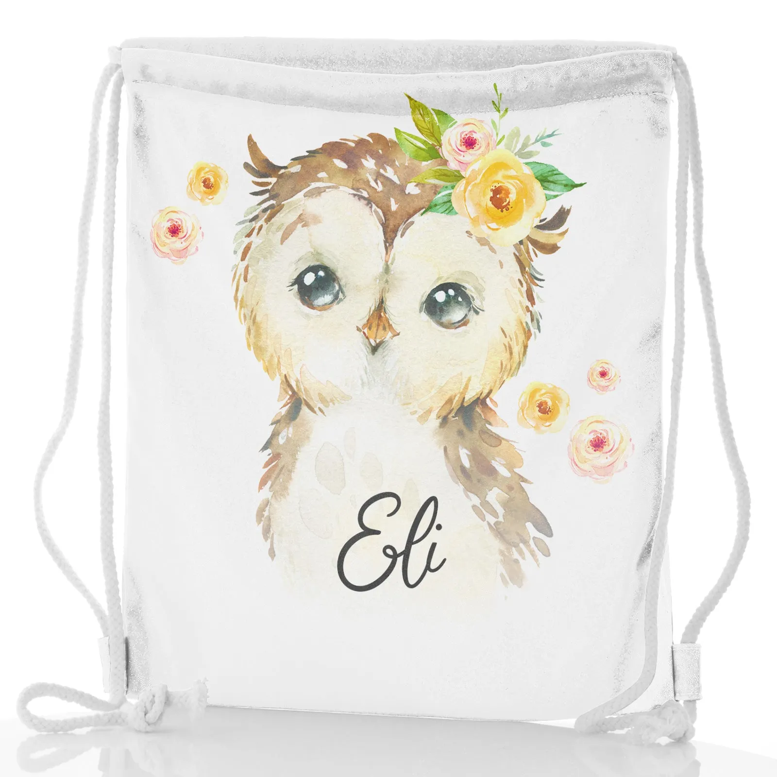 Personalised Glitter Drawstring Backpack with Brown Owl Yellow Flowers and Cute Text