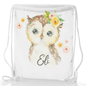 Personalised Glitter Drawstring Backpack with Brown Owl Yellow Flowers and Cute Text