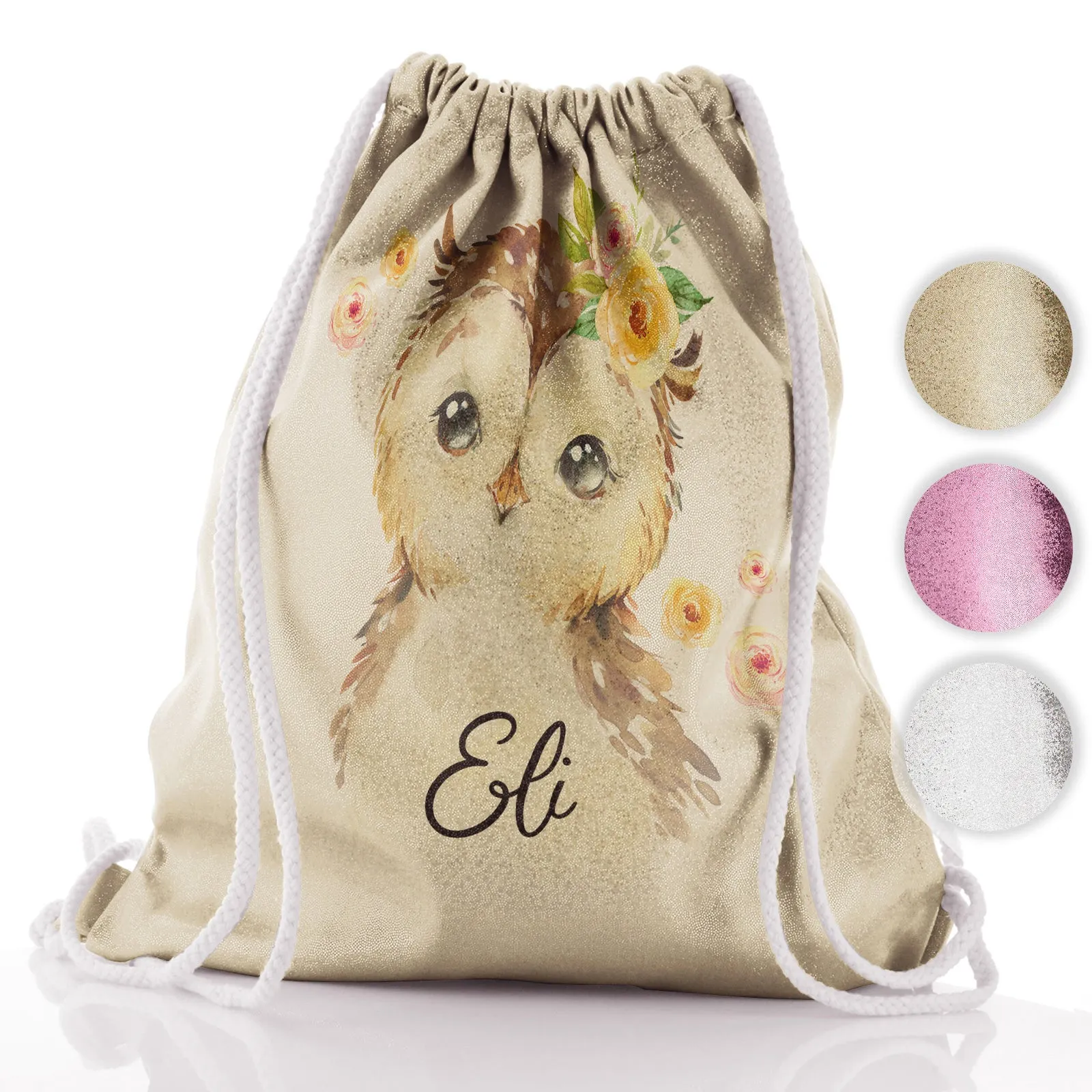 Personalised Glitter Drawstring Backpack with Brown Owl Yellow Flowers and Cute Text