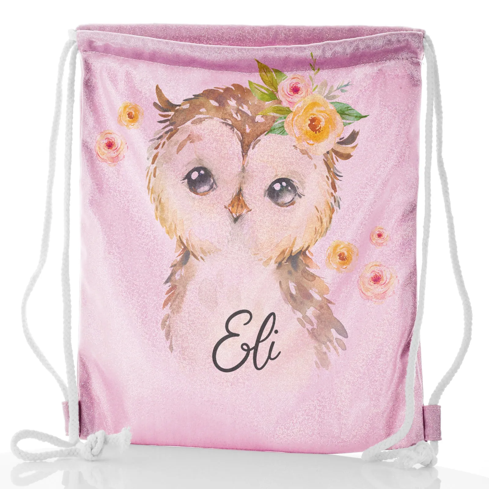 Personalised Glitter Drawstring Backpack with Brown Owl Yellow Flowers and Cute Text