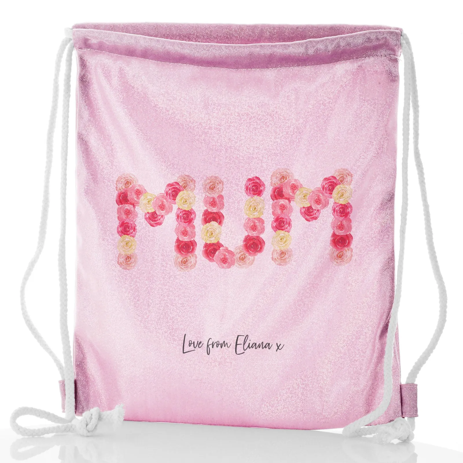 Personalised Glitter Drawstring Backpack with Stylish Text and Floral MUM