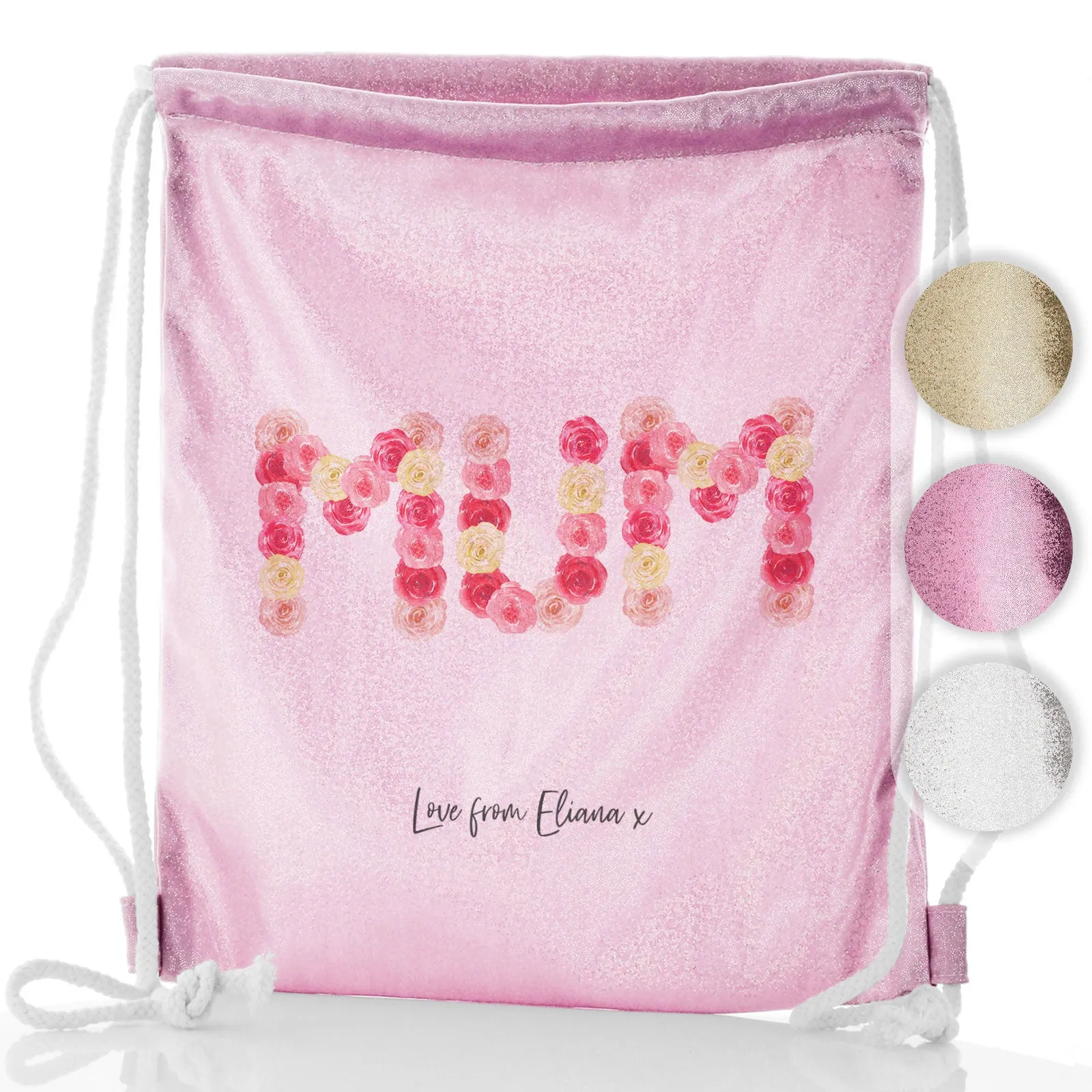 Personalised Glitter Drawstring Backpack with Stylish Text and Floral MUM