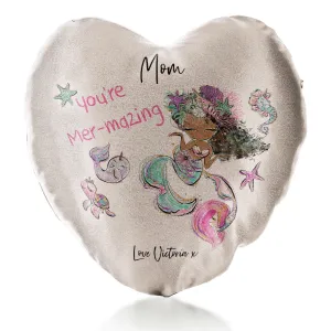 Personalised Glitter Heart Cushion with Stylish Text and Mermaid Love Message