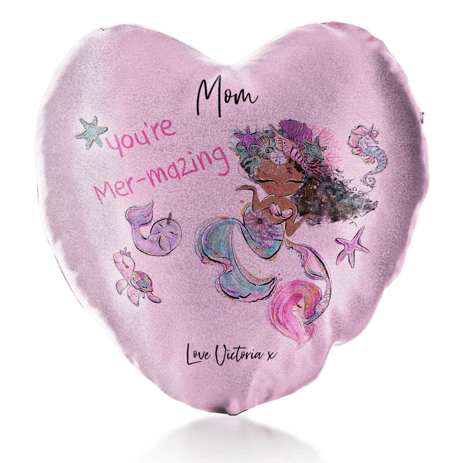 Personalised Glitter Heart Cushion with Stylish Text and Mermaid Love Message
