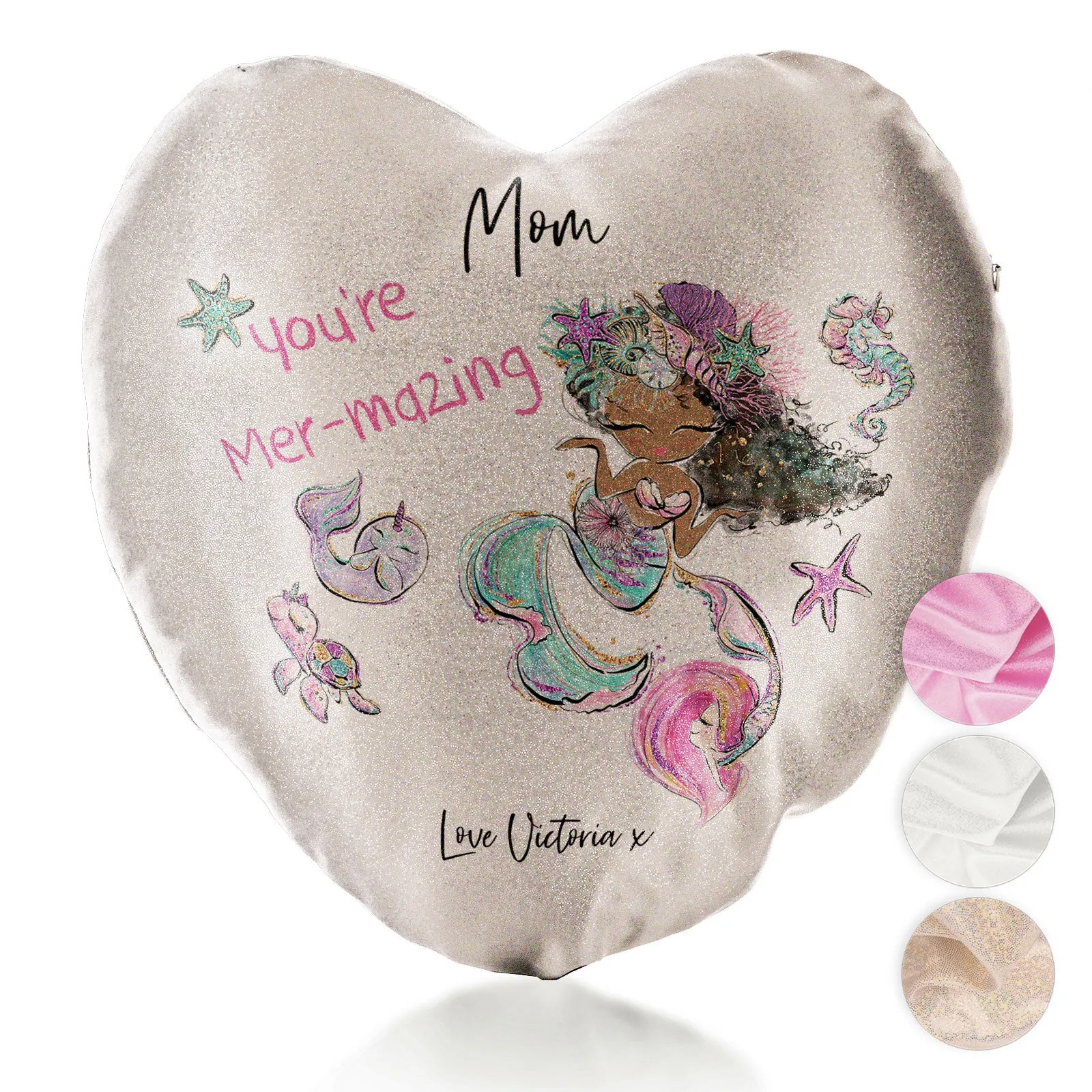 Personalised Glitter Heart Cushion with Stylish Text and Mermaid Love Message