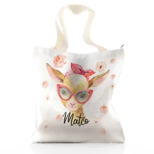Personalised Glitter Tote Bag with Goat Pink Glasses and Roses and Cute Text