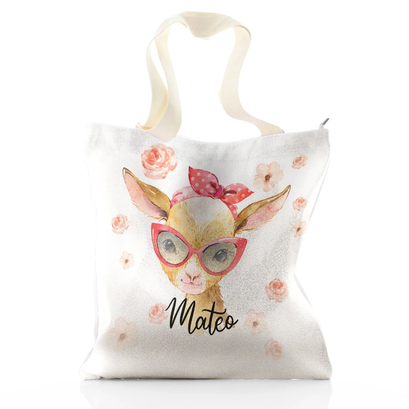 Personalised Glitter Tote Bag with Goat Pink Glasses and Roses and Cute Text