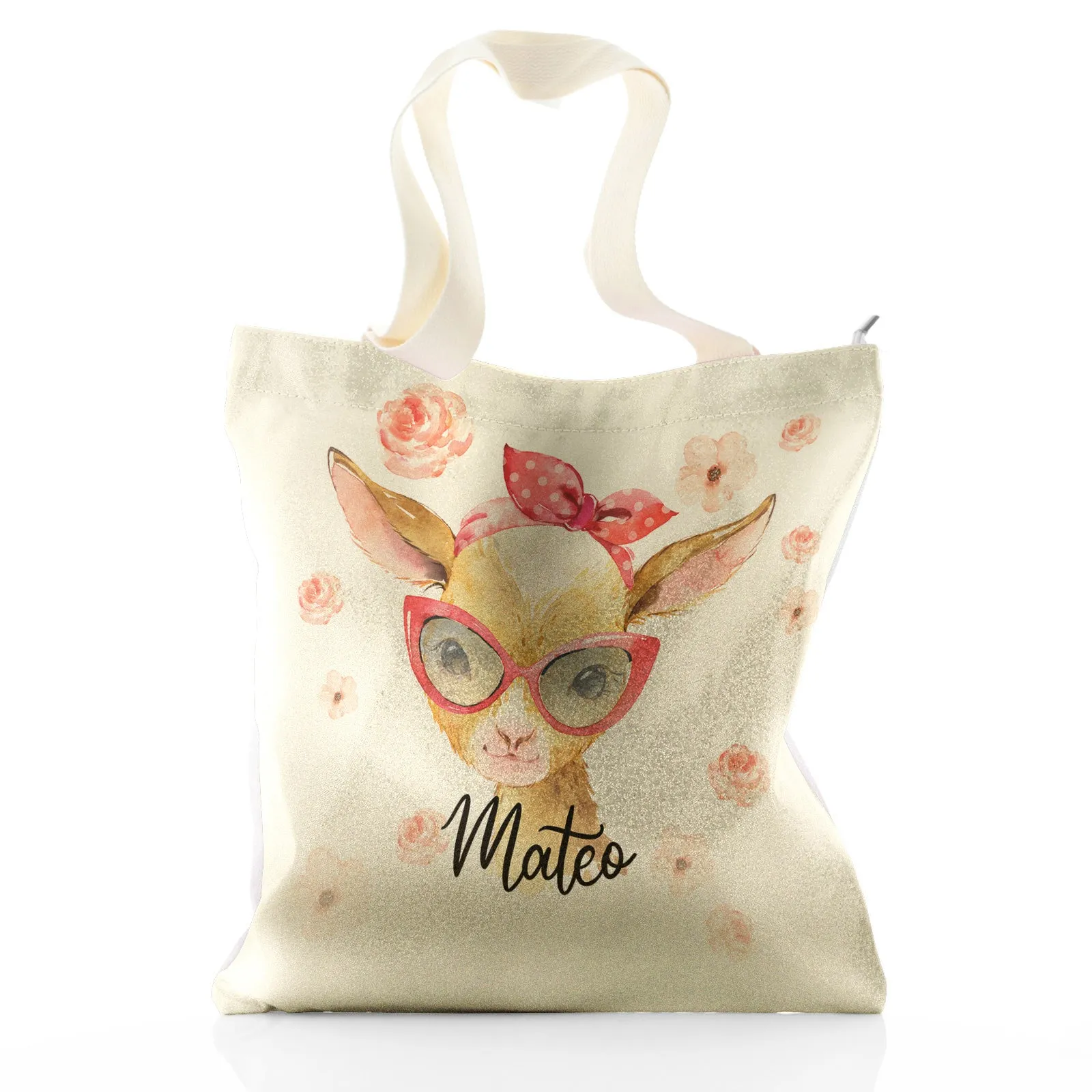 Personalised Glitter Tote Bag with Goat Pink Glasses and Roses and Cute Text