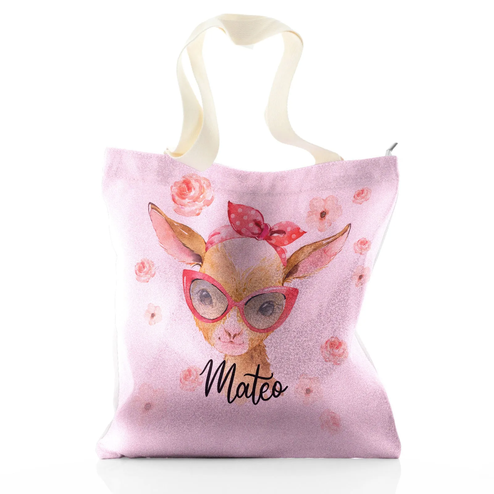 Personalised Glitter Tote Bag with Goat Pink Glasses and Roses and Cute Text