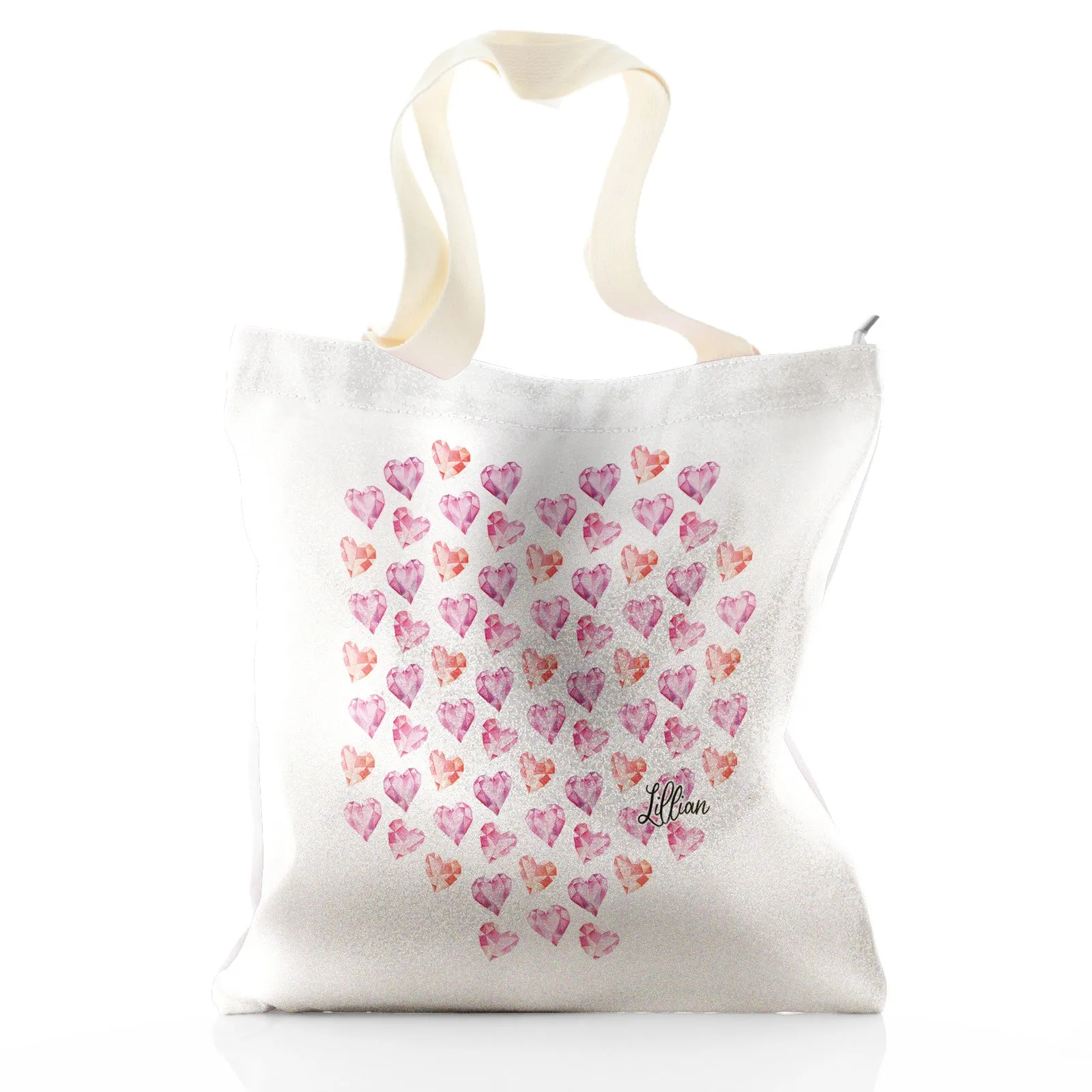 Personalised Glitter Tote Bag with Stylish Text and Crystal Hearts Print