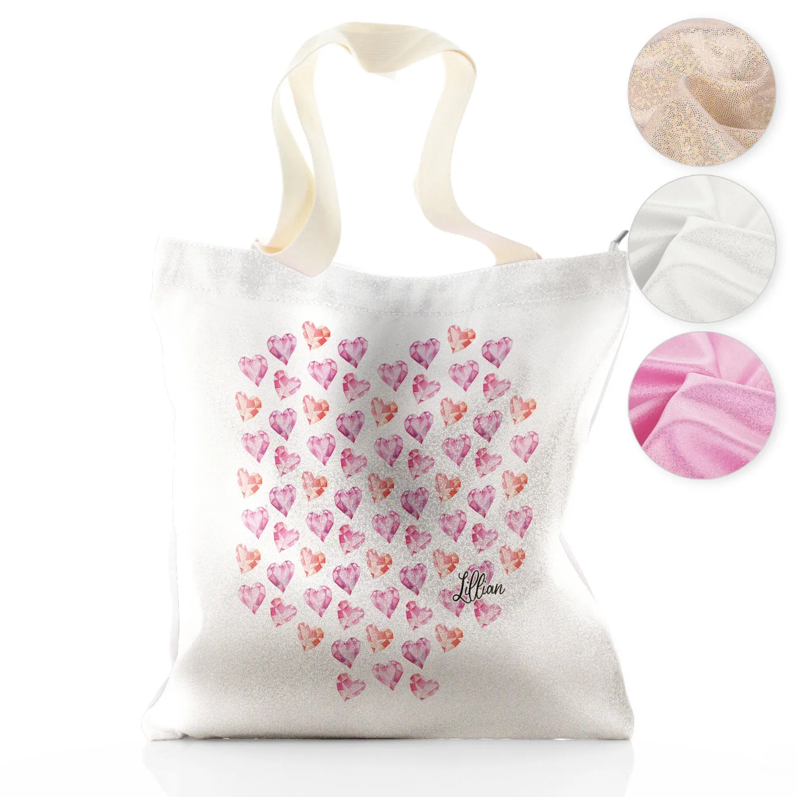 Personalised Glitter Tote Bag with Stylish Text and Crystal Hearts Print