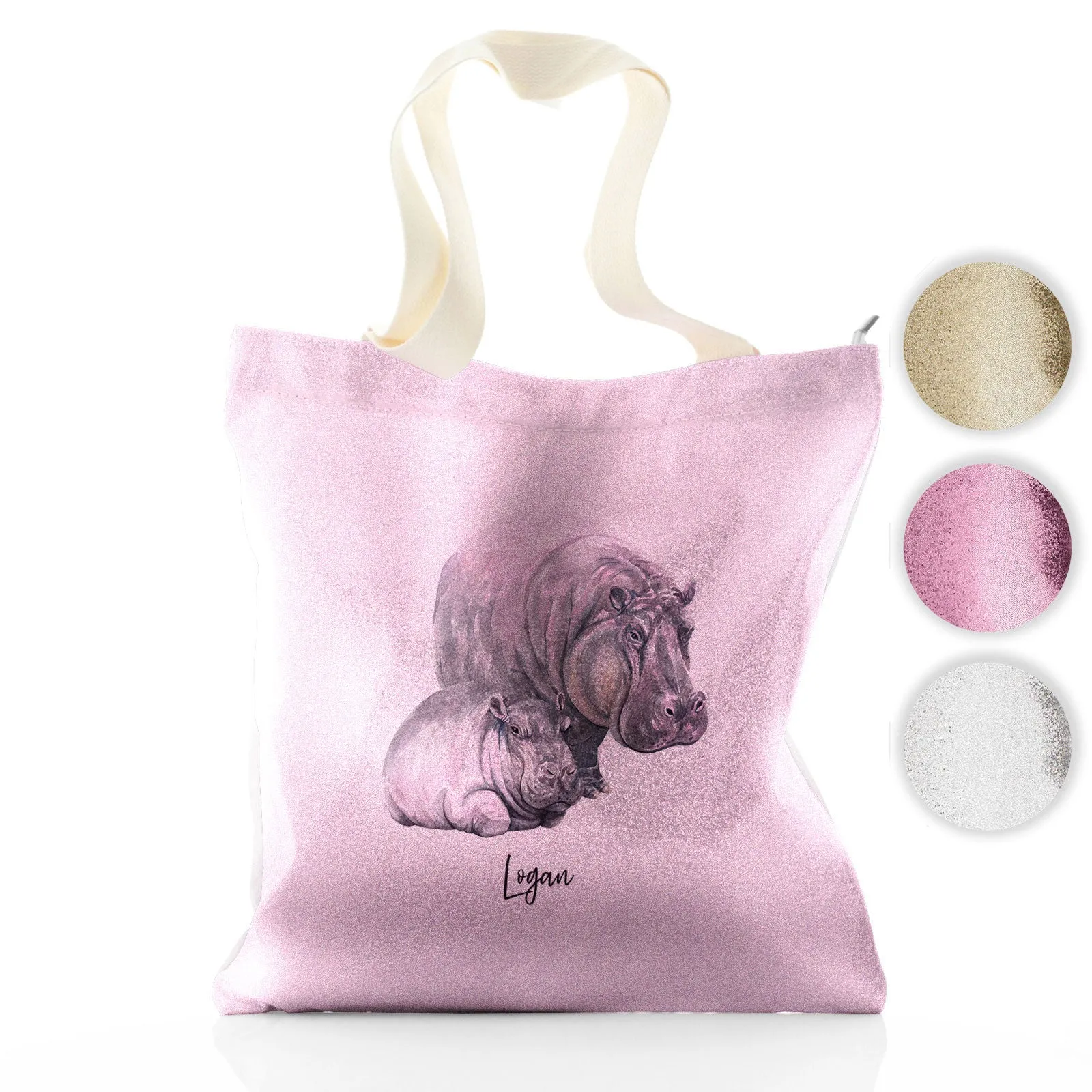 Personalised Glitter Tote Bag with Welcoming Text and Relaxing Mum and Baby Hippos