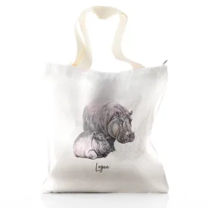 Personalised Glitter Tote Bag with Welcoming Text and Relaxing Mum and Baby Hippos