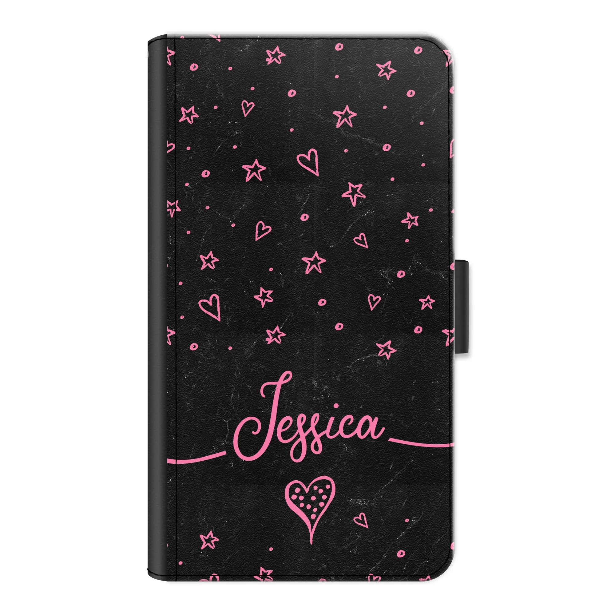 Personalised LG Phone Leather Wallet with Pink Stylish text, Stars and Hearts on Black Marble