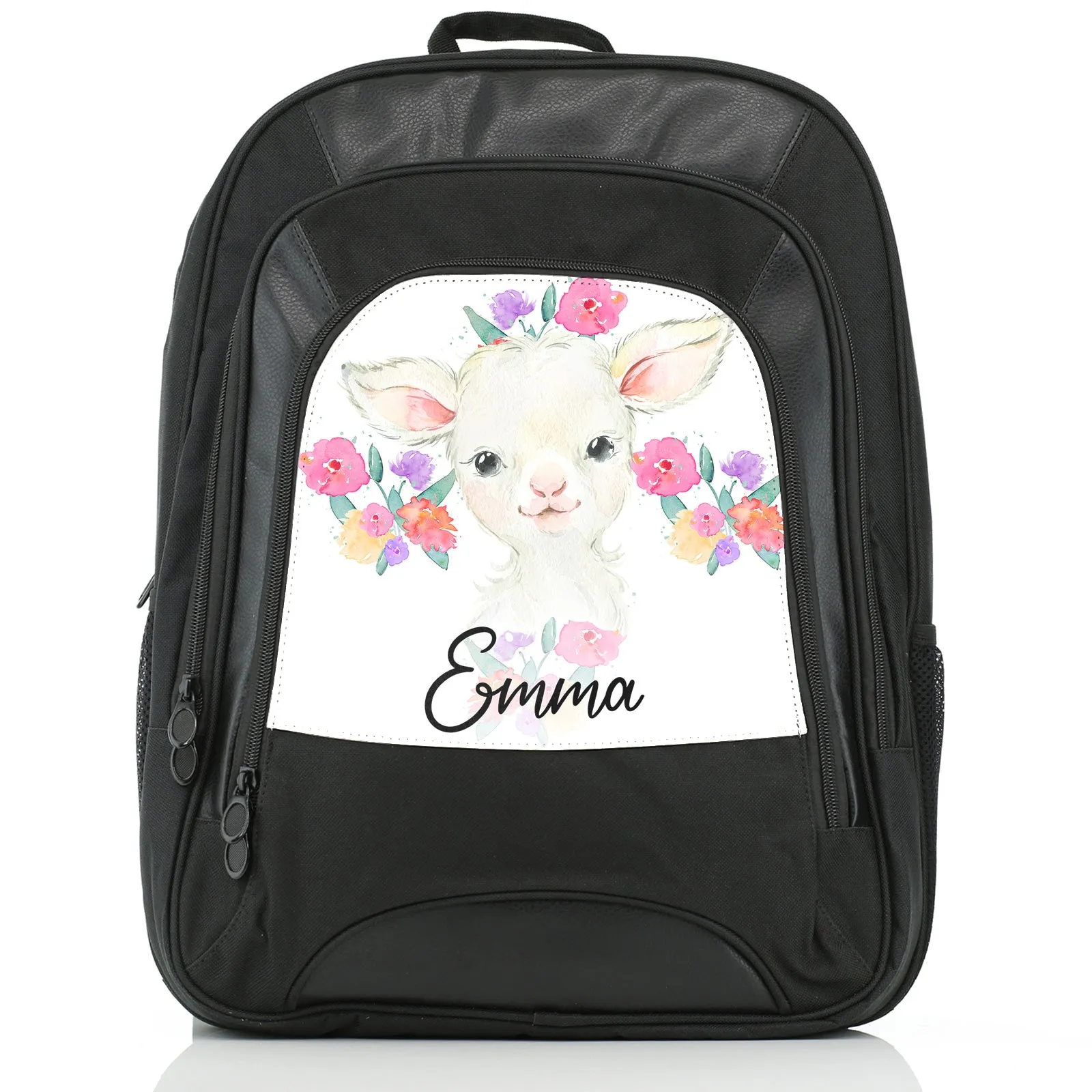 Personalised Rucksack with White Lamb Flowers and Cute Text