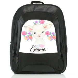 Personalised Rucksack with White Lamb Flowers and Cute Text