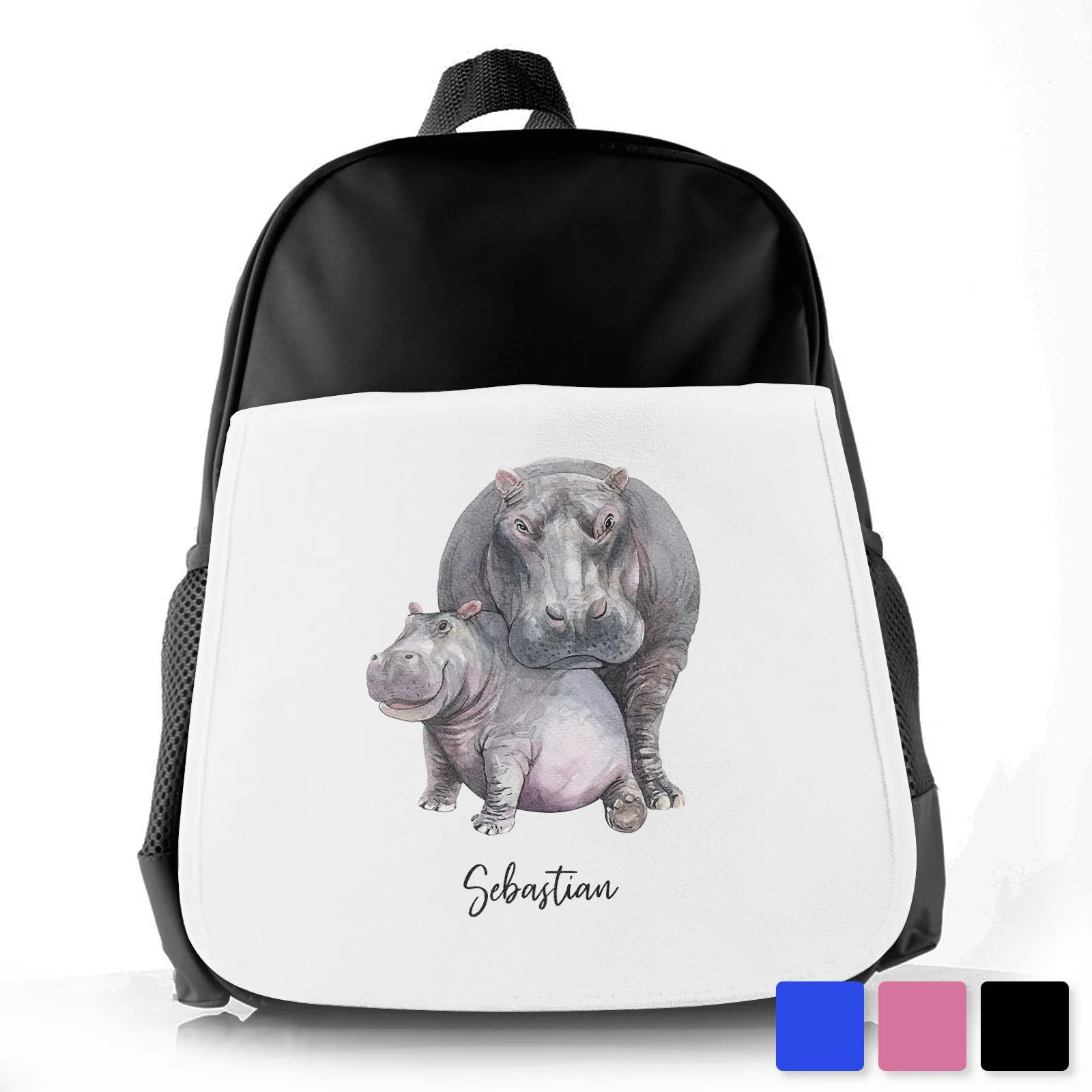 Personalised School Bag with Welcoming Text and Embracing Mum and Baby Hippos