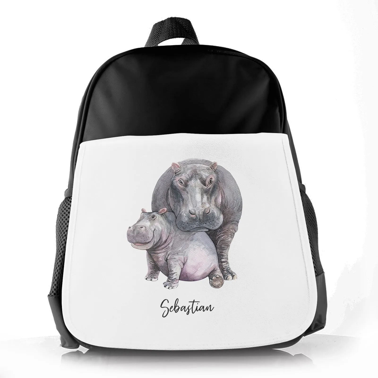 Personalised School Bag with Welcoming Text and Embracing Mum and Baby Hippos