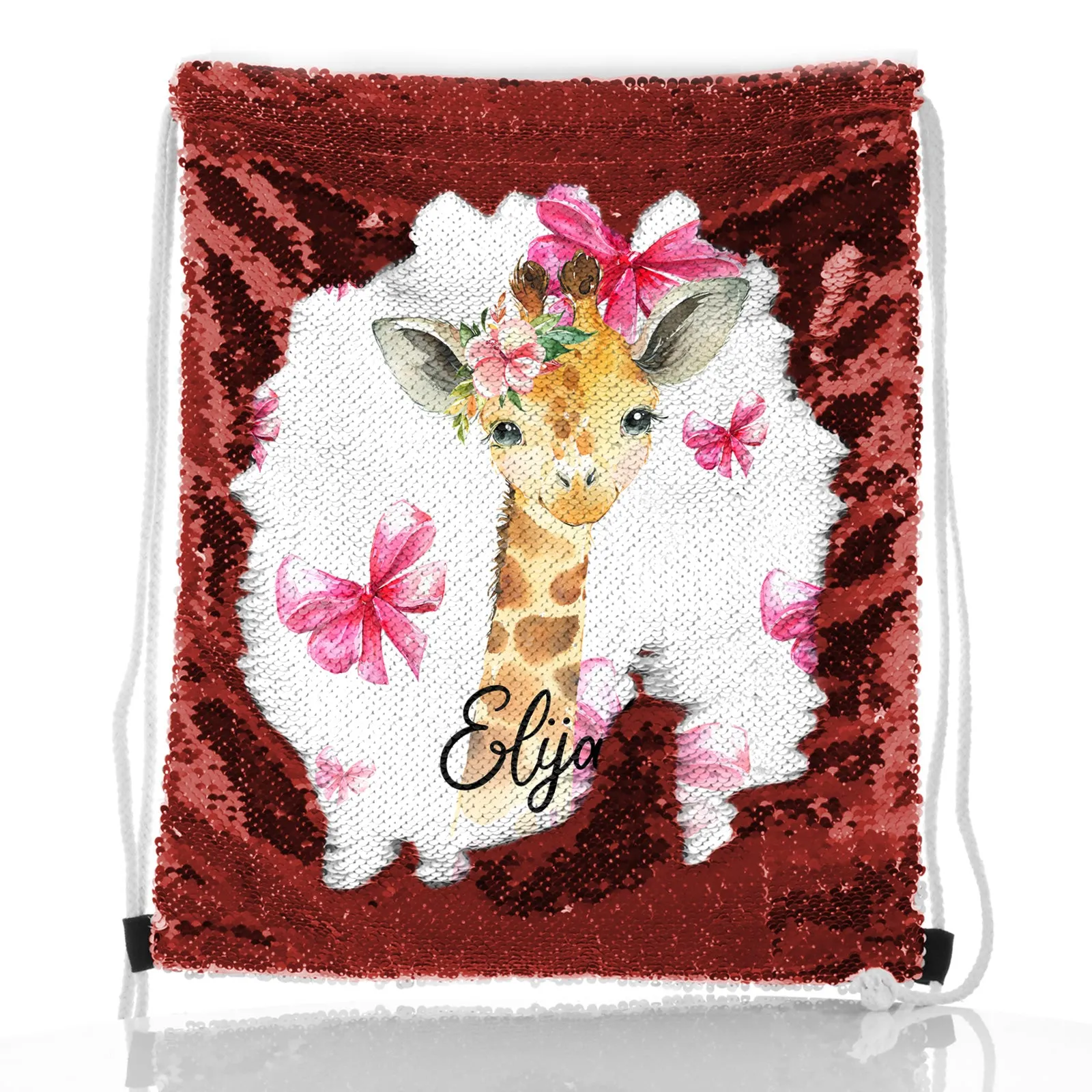 Personalised Sequin Drawstring Backpack with Giraffe Pink Bows and Cute Text