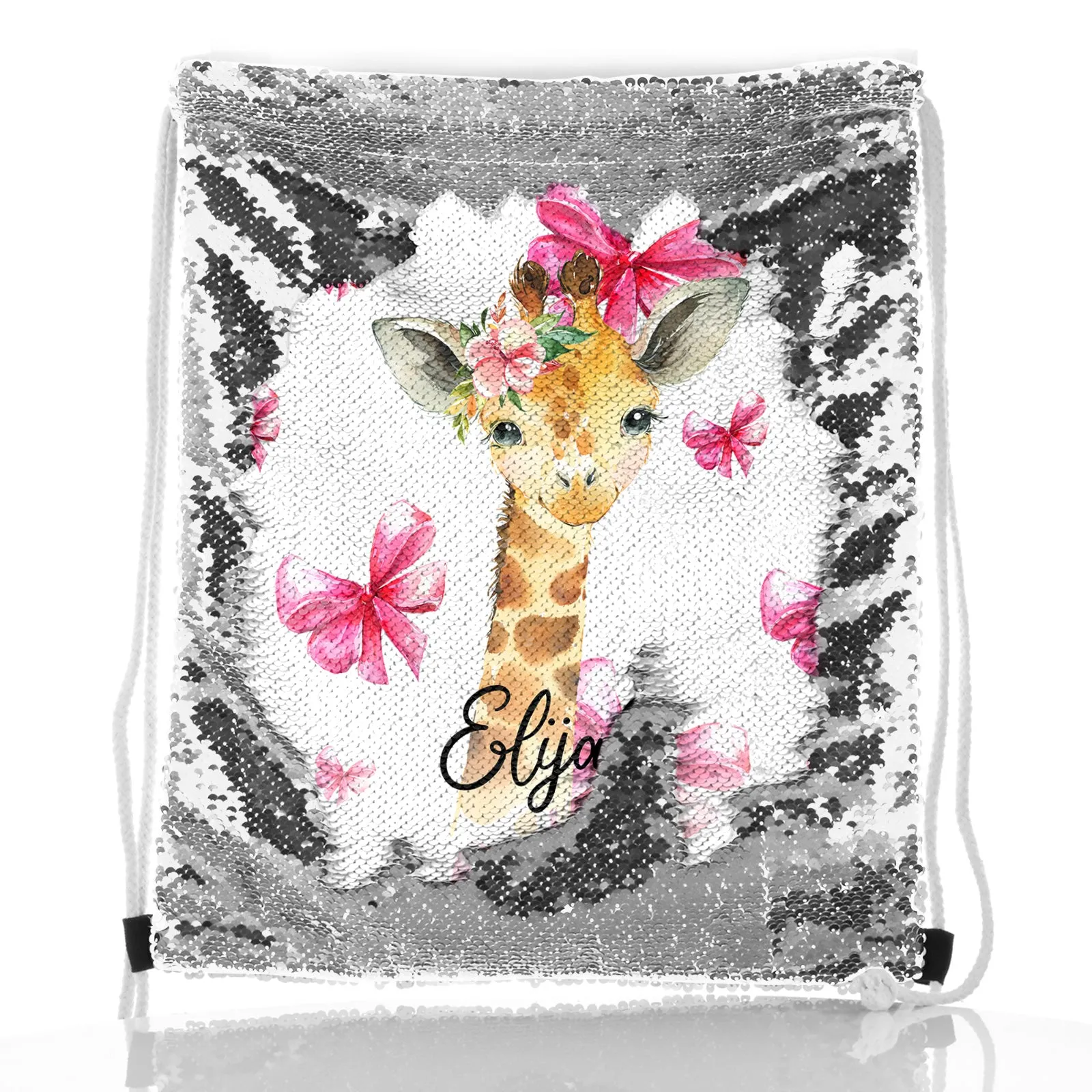 Personalised Sequin Drawstring Backpack with Giraffe Pink Bows and Cute Text