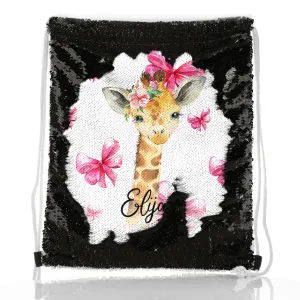 Personalised Sequin Drawstring Backpack with Giraffe Pink Bows and Cute Text