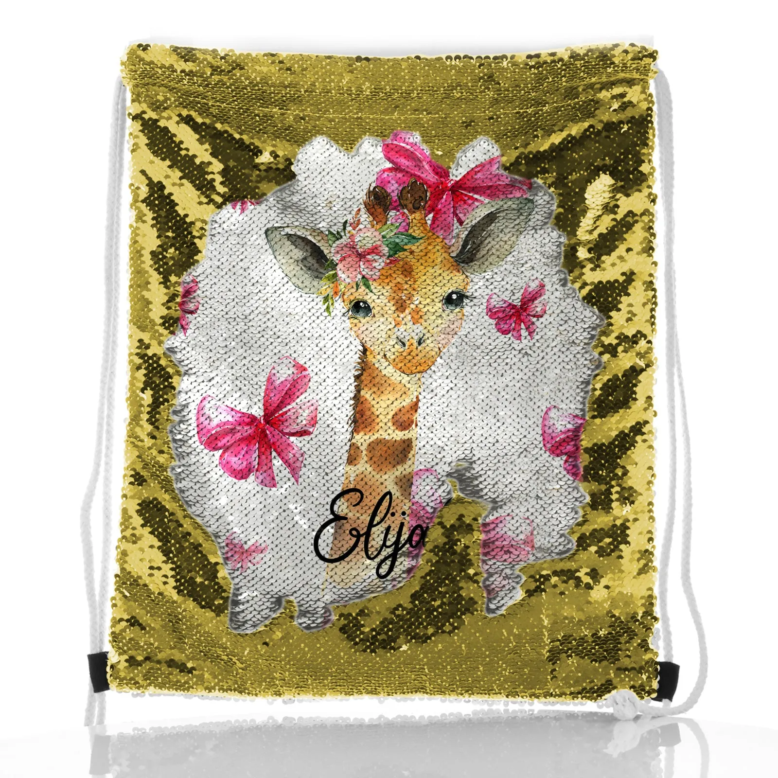 Personalised Sequin Drawstring Backpack with Giraffe Pink Bows and Cute Text