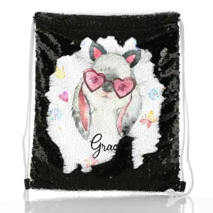 Personalised Sequin Drawstring Backpack with Grey Rabbit with Cat ears and Pink Heart Glasses and Cute Text