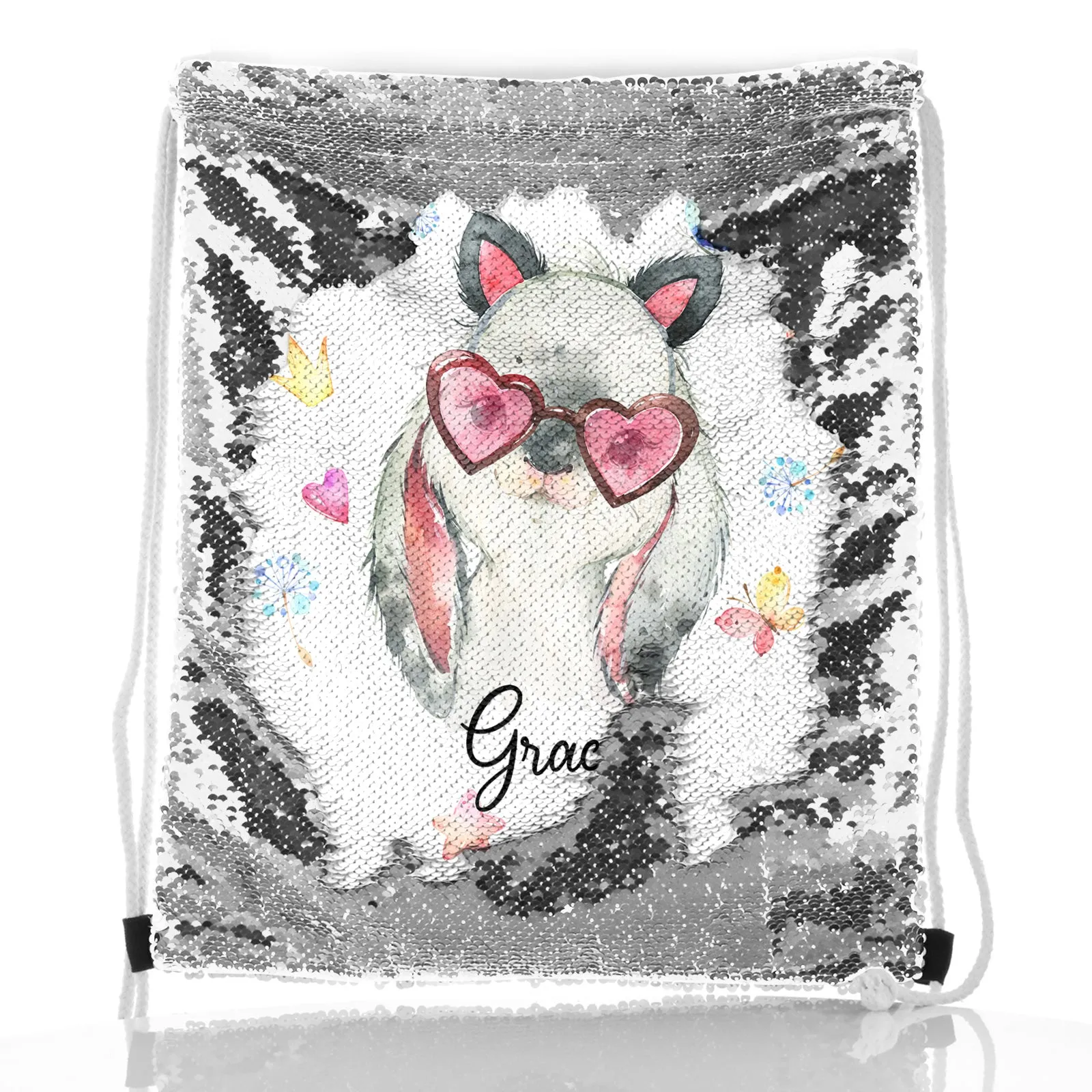 Personalised Sequin Drawstring Backpack with Grey Rabbit with Cat ears and Pink Heart Glasses and Cute Text