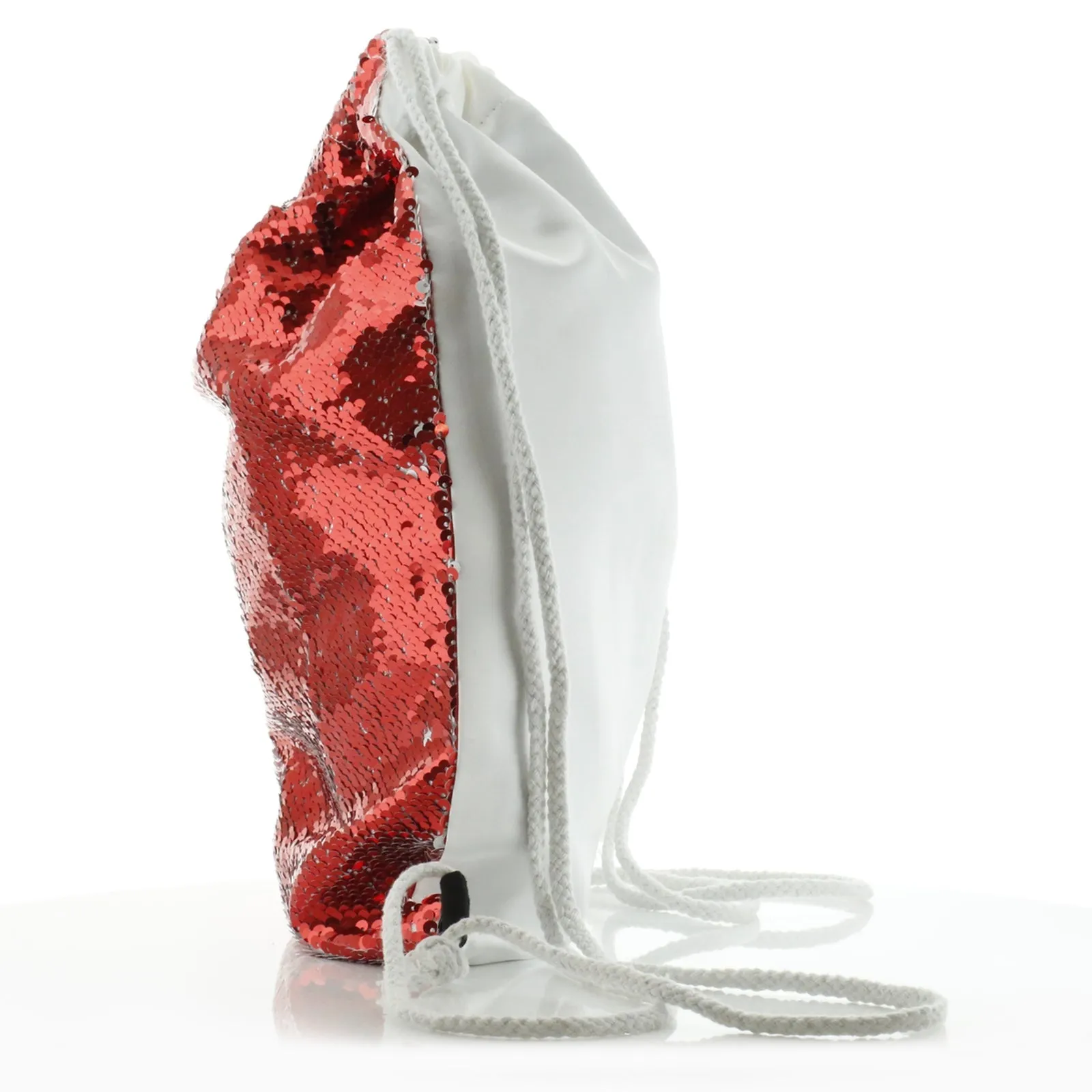 Personalised Sequin Drawstring Backpack with Grey Rabbit with Cat ears and Pink Heart Glasses and Cute Text