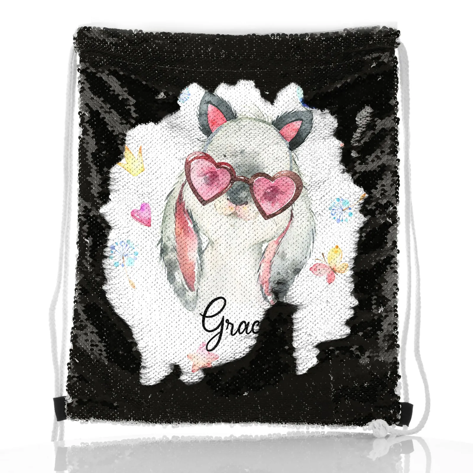 Personalised Sequin Drawstring Backpack with Grey Rabbit with Cat ears and Pink Heart Glasses and Cute Text