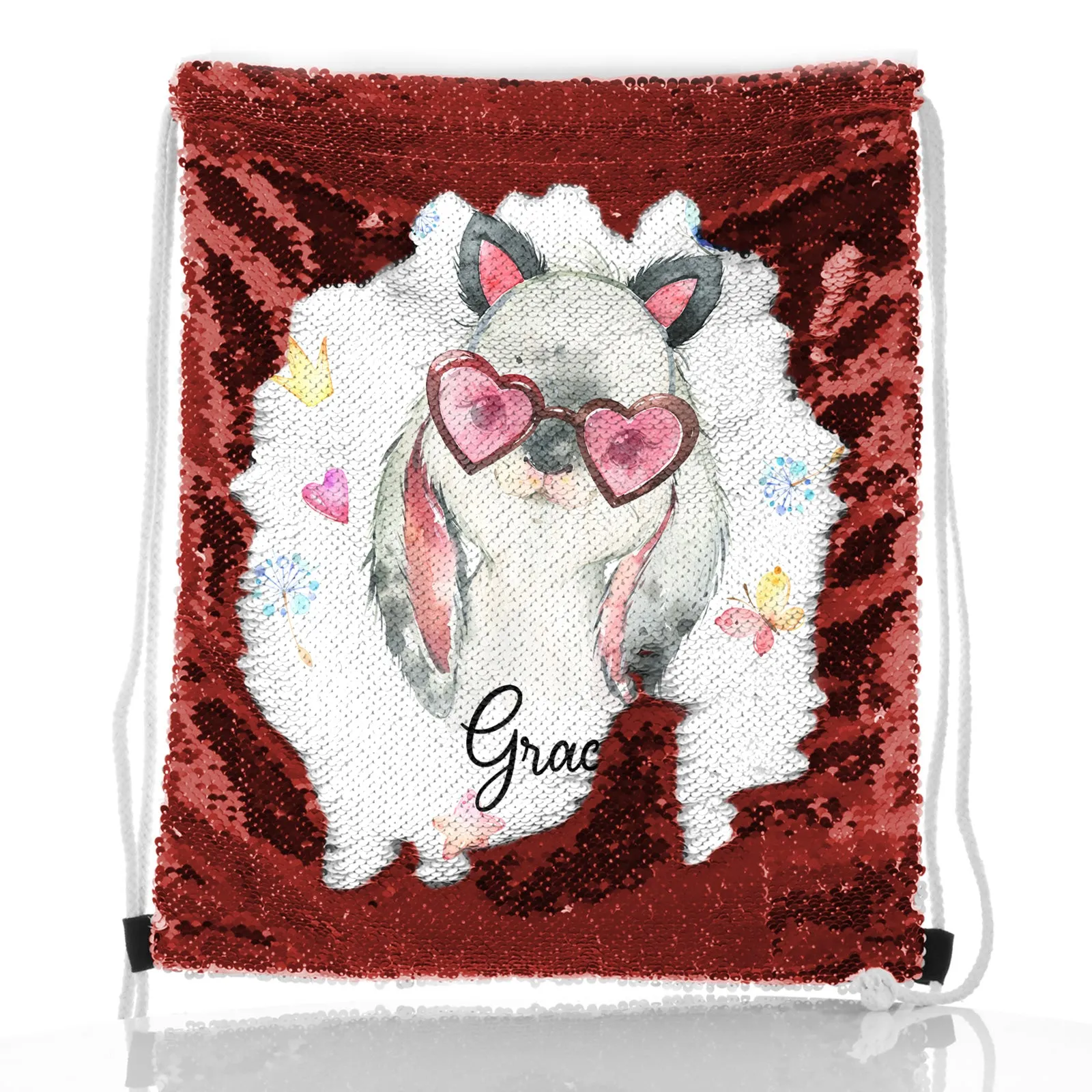 Personalised Sequin Drawstring Backpack with Grey Rabbit with Cat ears and Pink Heart Glasses and Cute Text