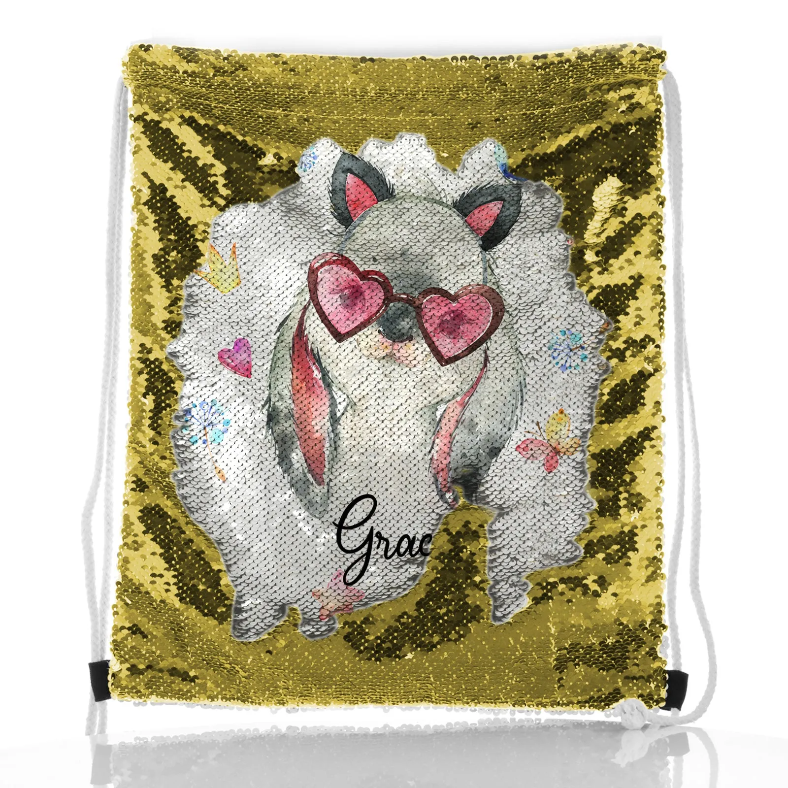 Personalised Sequin Drawstring Backpack with Grey Rabbit with Cat ears and Pink Heart Glasses and Cute Text