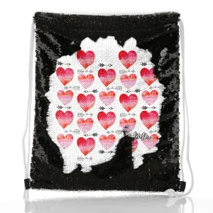 Personalised Sequin Drawstring Backpack with Stylish Text and Arrow Love Hearts Print