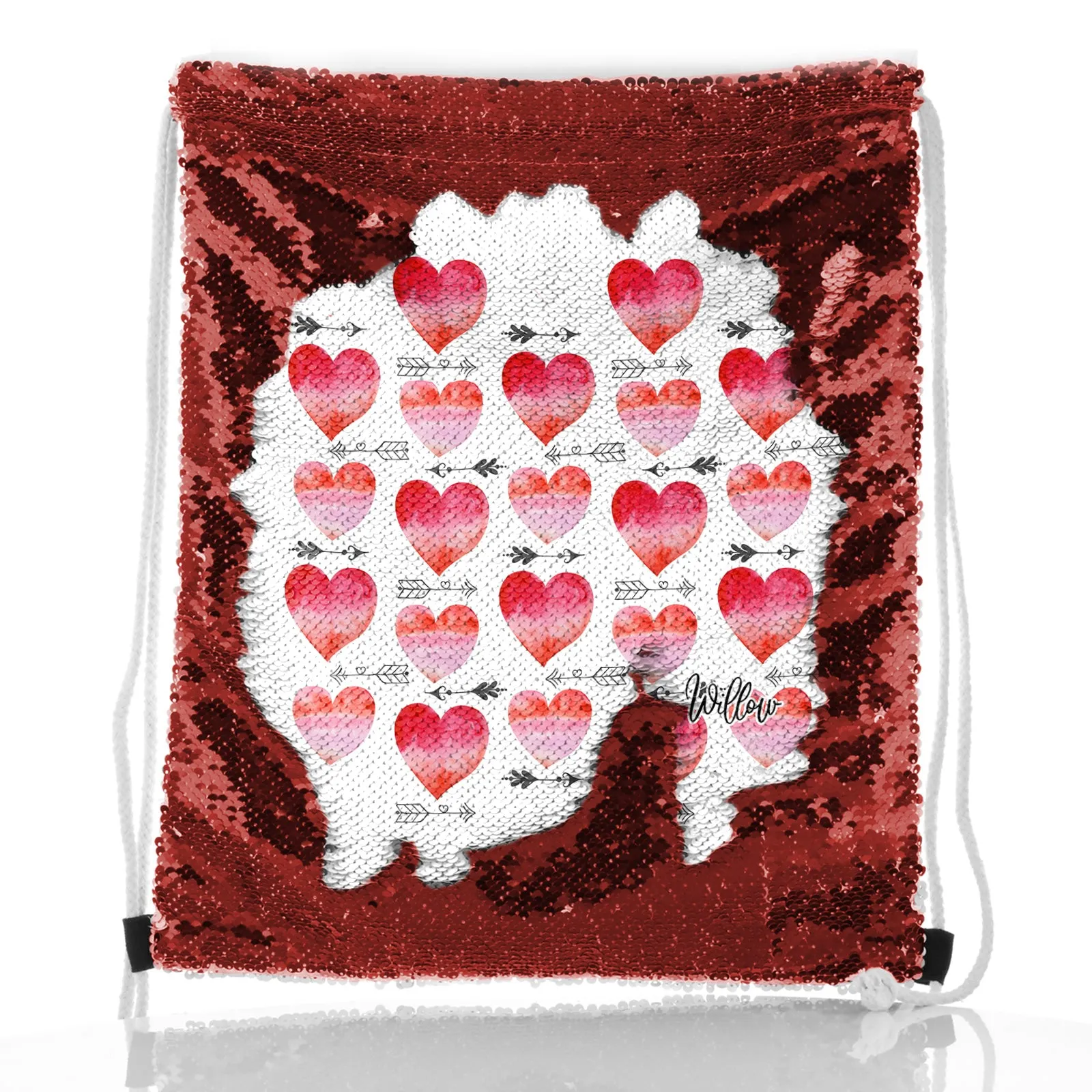Personalised Sequin Drawstring Backpack with Stylish Text and Arrow Love Hearts Print