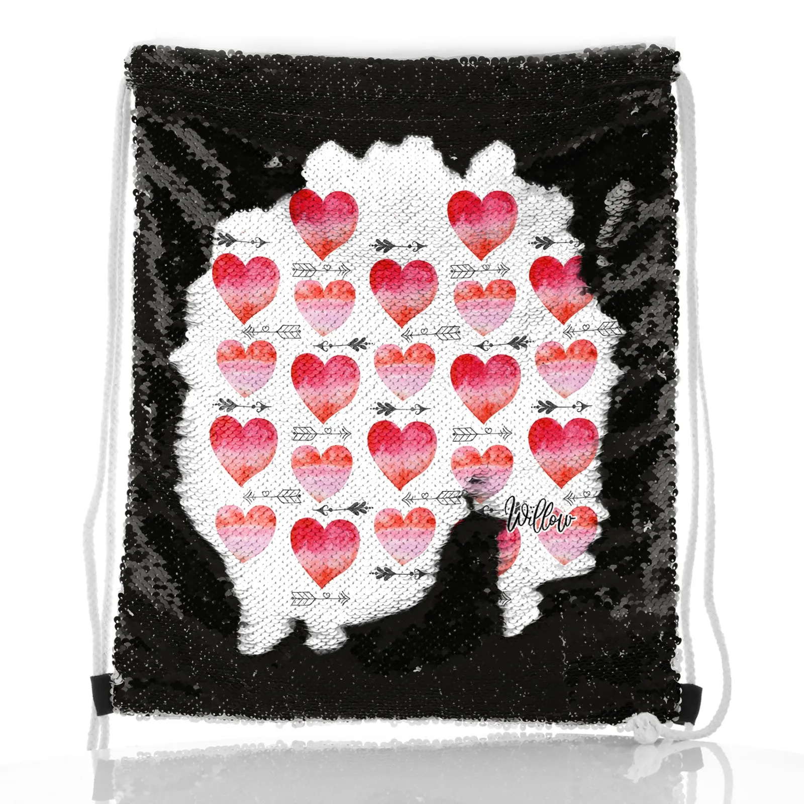 Personalised Sequin Drawstring Backpack with Stylish Text and Arrow Love Hearts Print