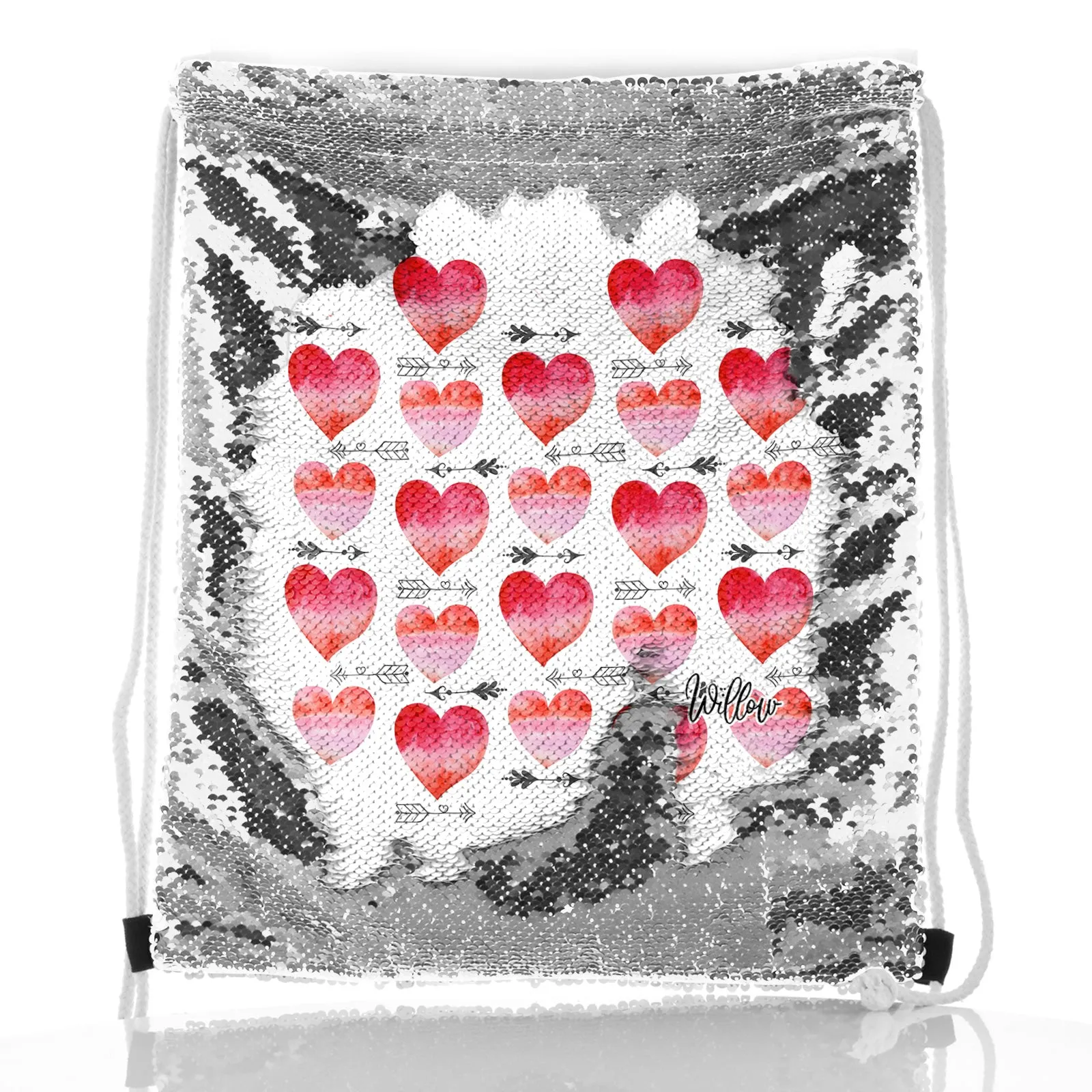 Personalised Sequin Drawstring Backpack with Stylish Text and Arrow Love Hearts Print