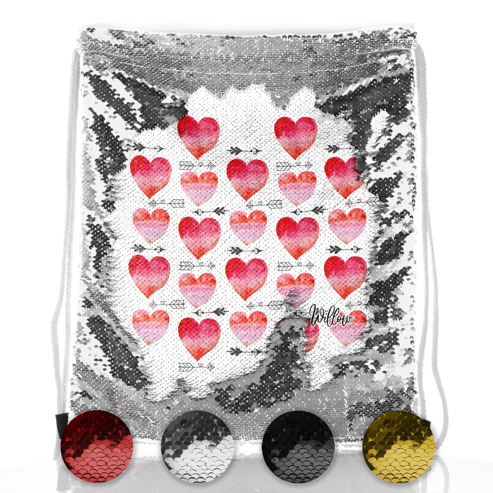 Personalised Sequin Drawstring Backpack with Stylish Text and Arrow Love Hearts Print