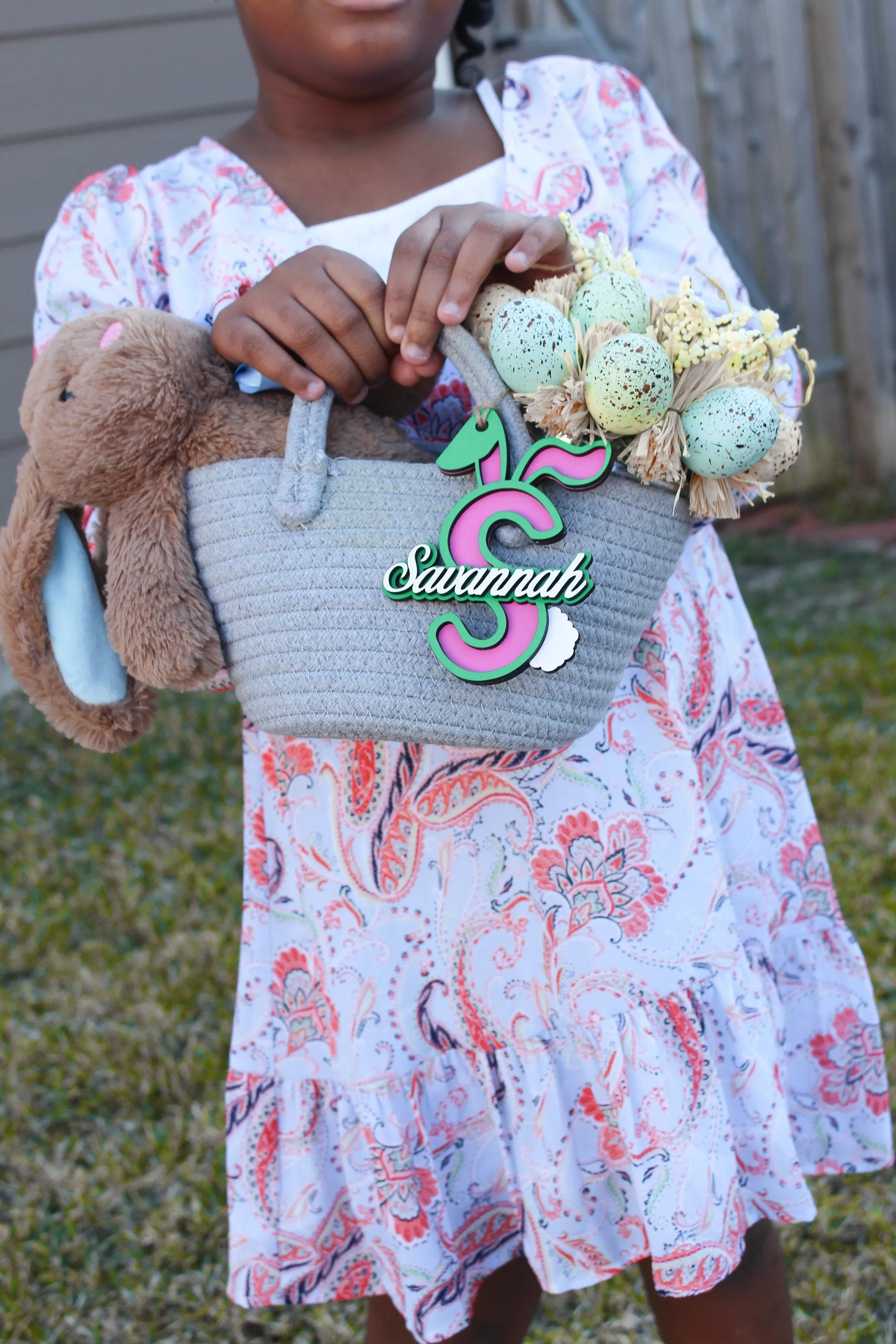 Personalized Bunny Initial Name Tag – Custom Wooden Easter Basket Tag