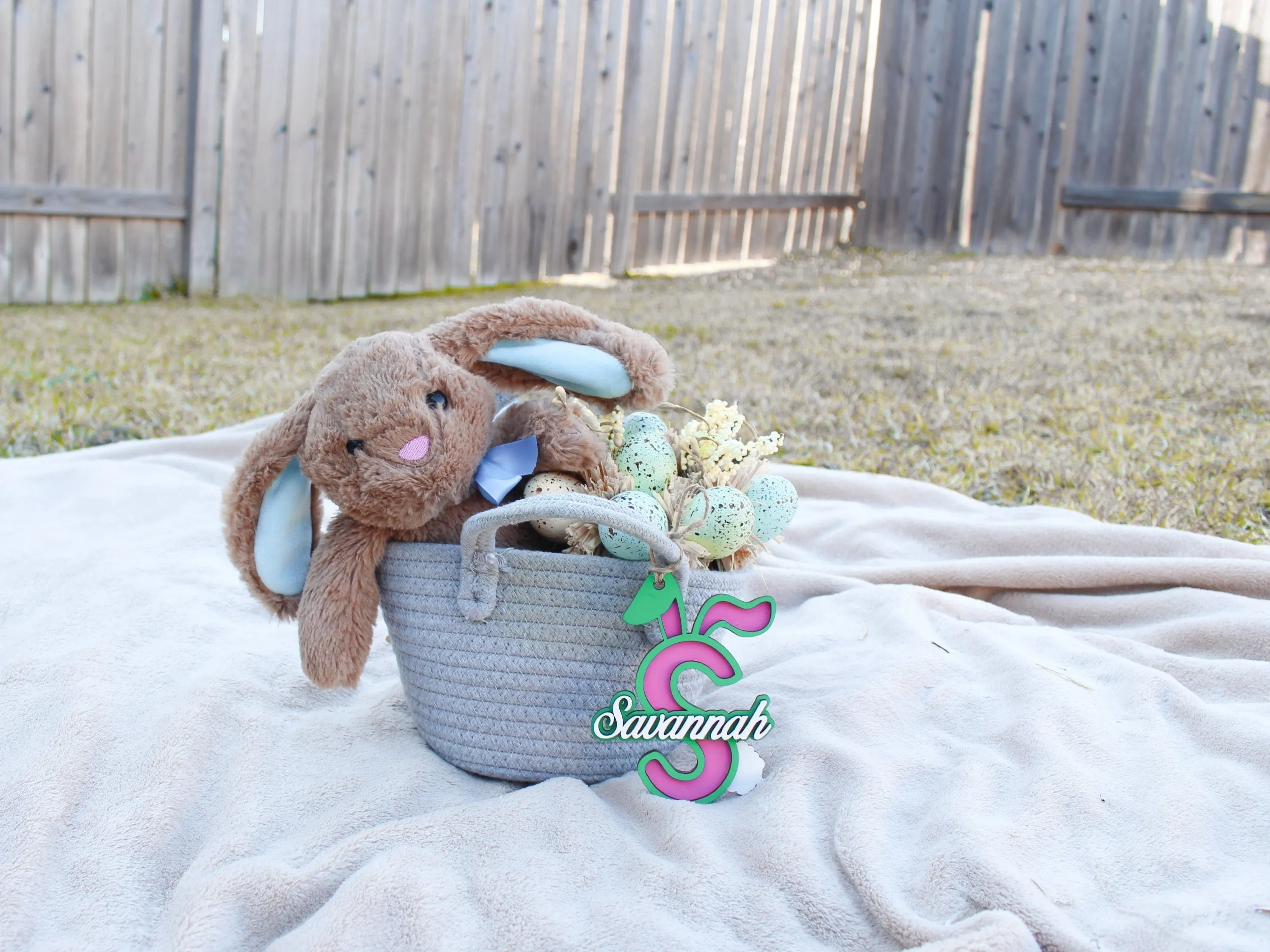 Personalized Bunny Initial Name Tag – Custom Wooden Easter Basket Tag