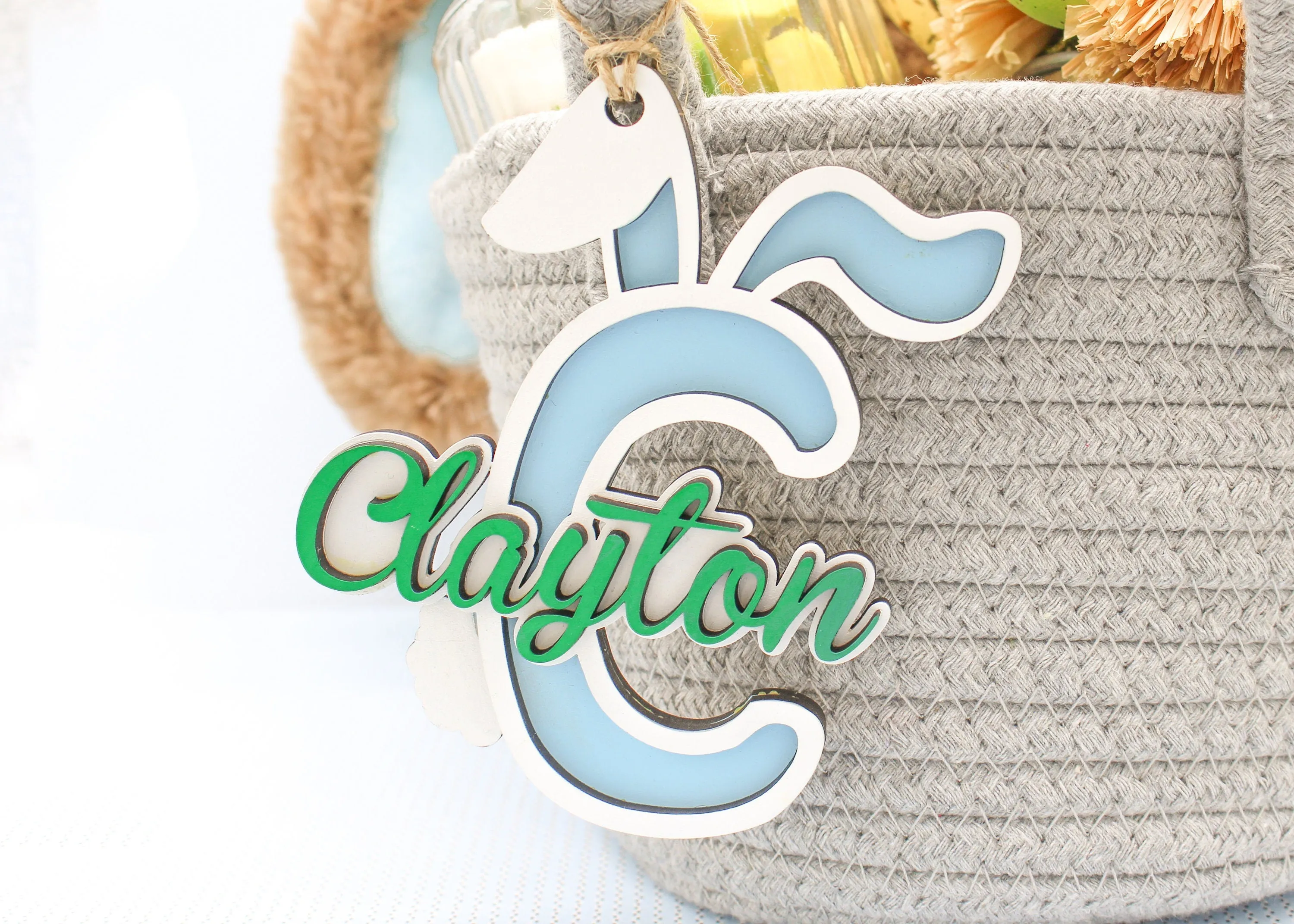 Personalized Bunny Initial Name Tag – Custom Wooden Easter Basket Tag