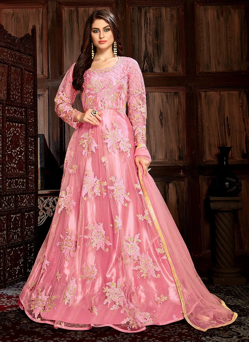 Pink Bunch Embroidered Net Anarkali Suit