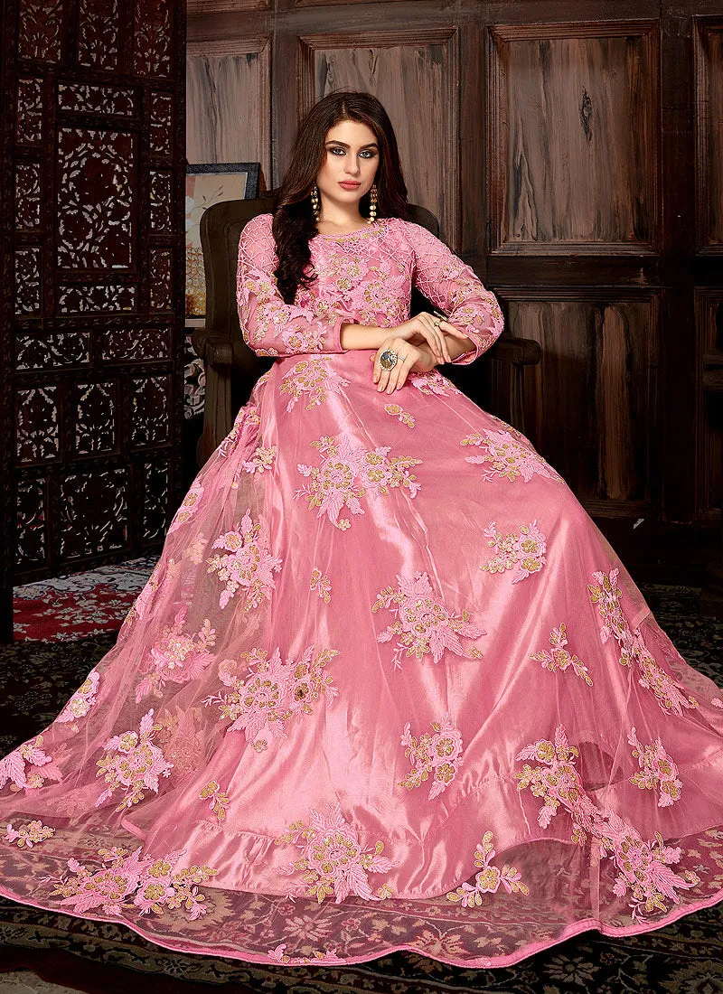 Pink Bunch Embroidered Net Anarkali Suit