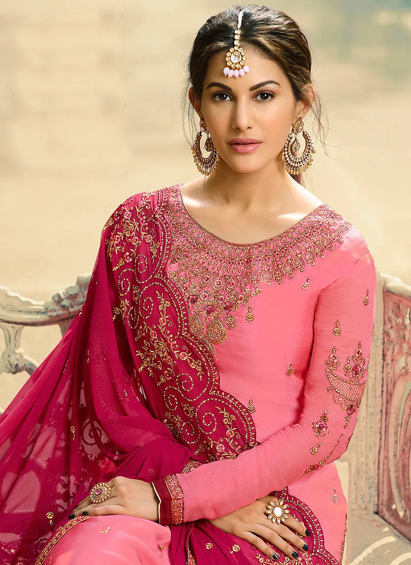 Pink Dual Tone Embroidered Gharara Suit