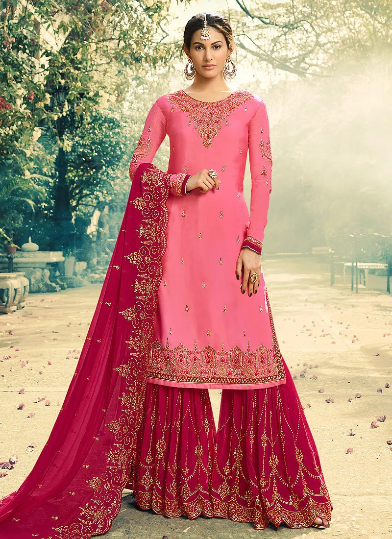 Pink Dual Tone Embroidered Gharara Suit