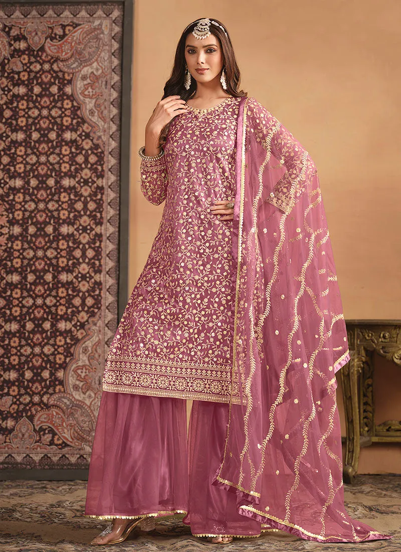 Pink Embroidery Net Gharara Suit