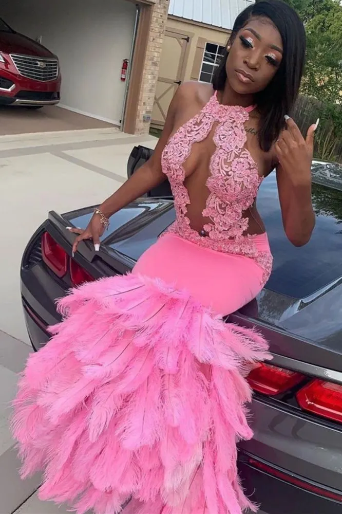 Pink Halter Mermaid Feather Prom Party GownsAppliques Evening Dressing
